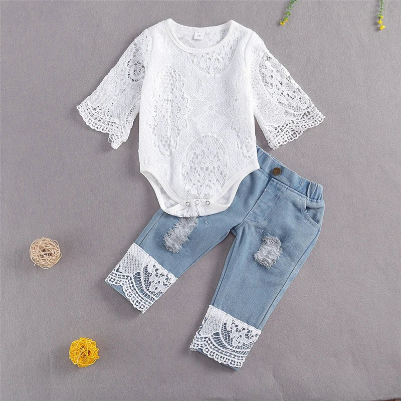 Lioraitiin novo 0-24m bebê meninas roupas de outono manga longa renda macacão terno triângulo virilha renda superior buraco jeans longos 2 pçs outfit 