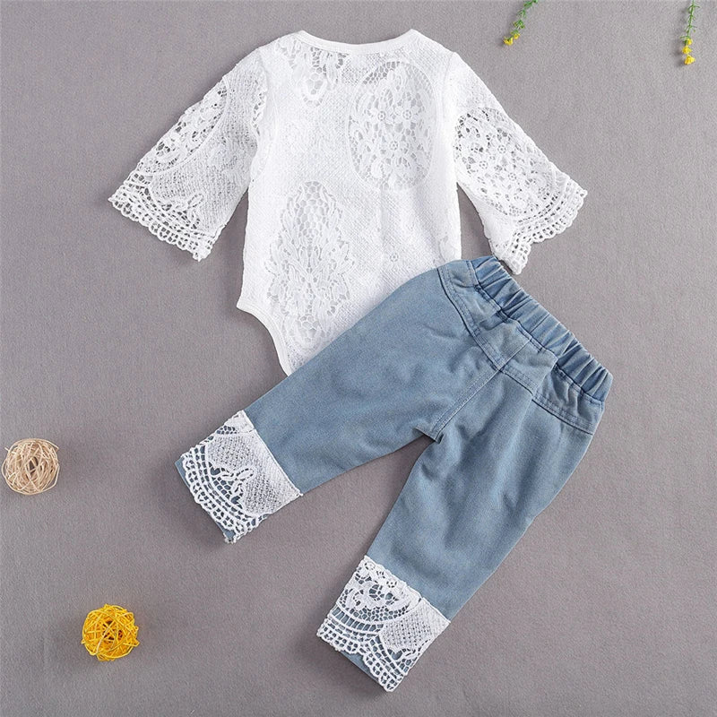 lioraitiin New 0-24M Baby Girls Fall Clothes Long Sleeve Lace Romper Suit Triangle Crotch Lace Top  Hole Long Jeans 2Pcs Outfit