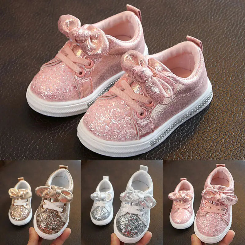 Lioraitiin Girls Child Soft Sole Sports Shoe, Kids Sequins Casual Sneakers, Cute Bowknot Shinny Shoes