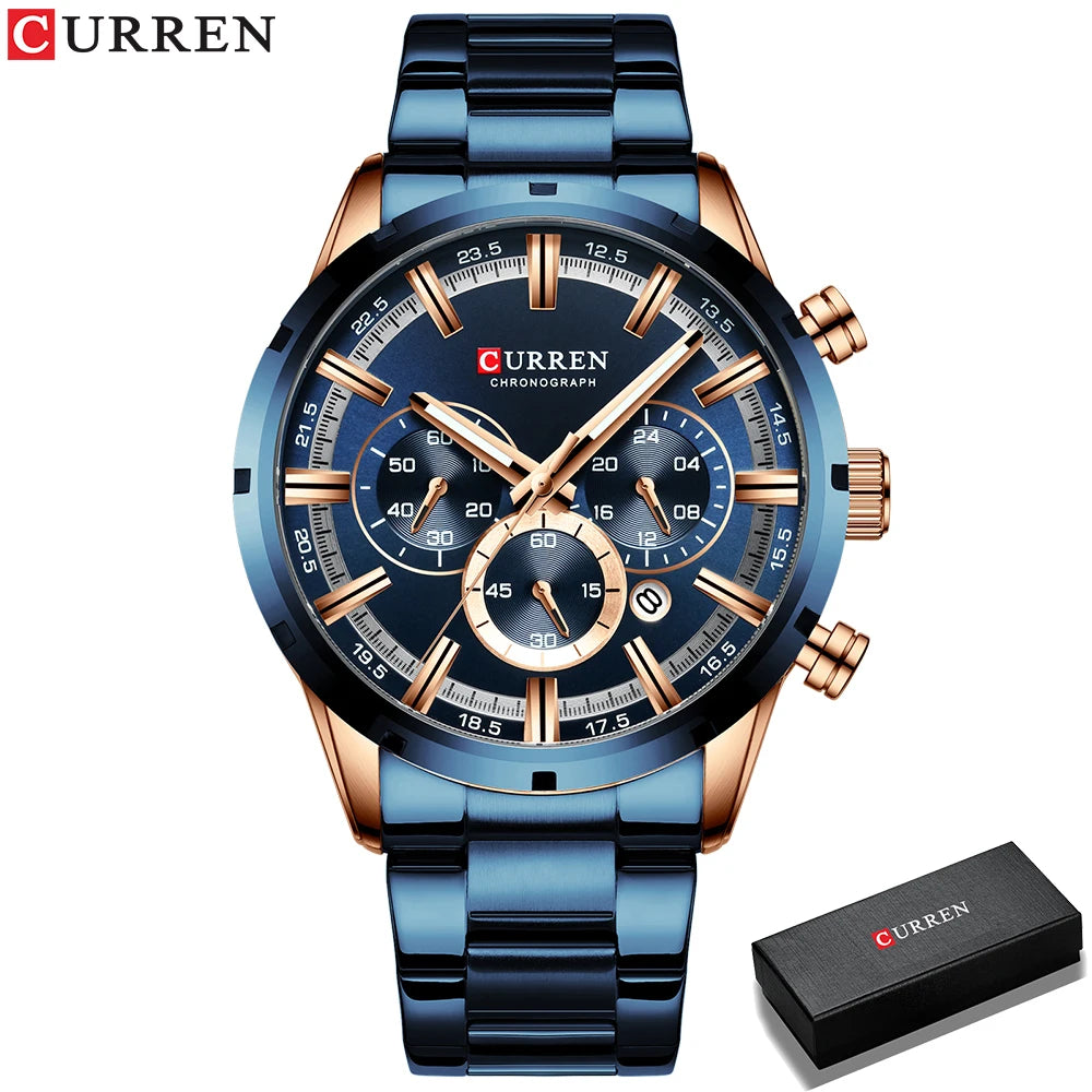 CURREN, Mens, watches, top, brand, luxury, brand, Blue, stainless, steel, wristwatch,