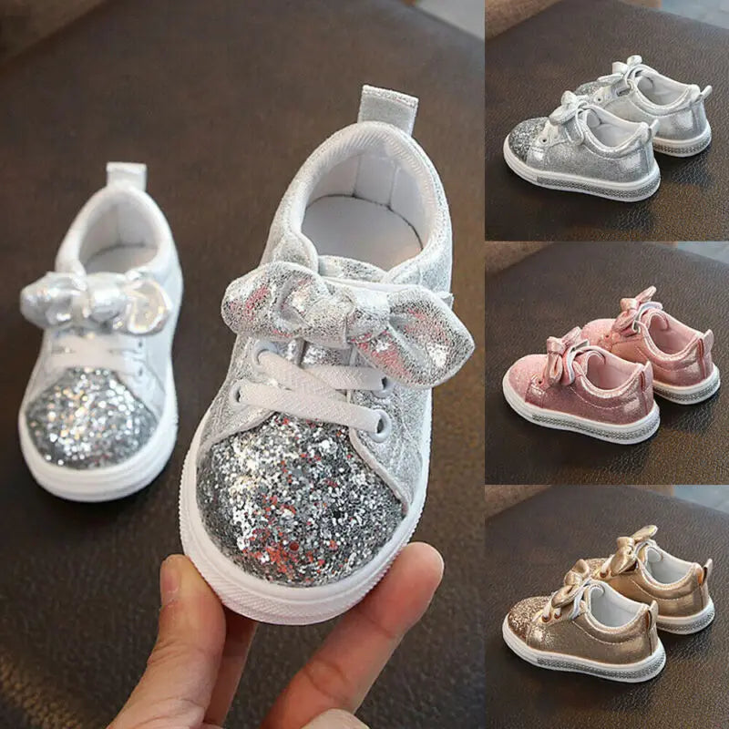 Lioraitiin Girls Child Soft Sole Sports Shoe, Kids Sequins Casual Sneakers, Cute Bowknot Shinny Shoes