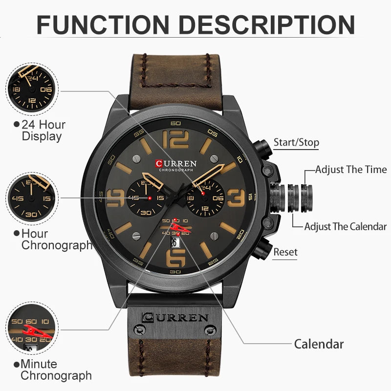 CURREN-men's waterproof genuine leather Quartz Watch