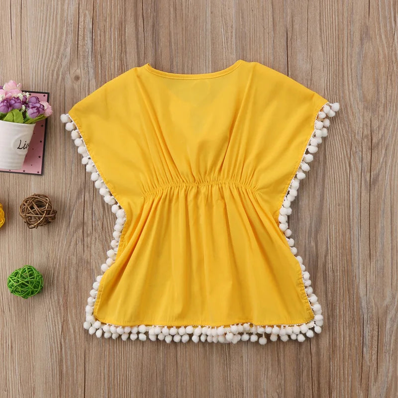 Lioraitiin nova moda crianças bebê meninas vestido de praia vestido de verão manga curta o-pescoço algodão flor franja vestidos capa de biquíni 