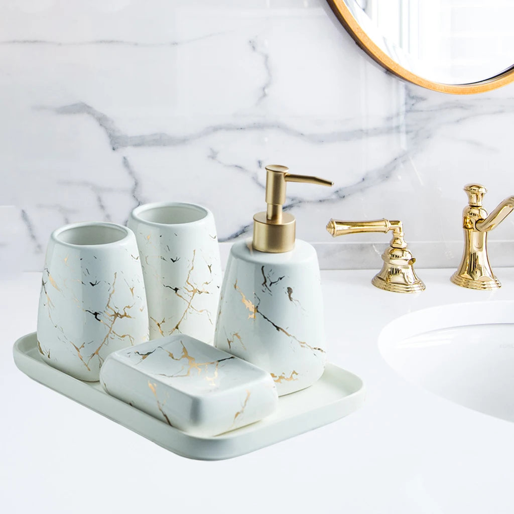 Bath Bathroom Accessory Kit CERAMIC Marble Appearance Lotion Dispenser, Tumblers, Soap Holder