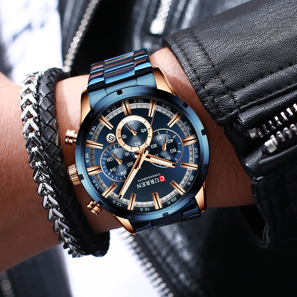 CURREN, Mens, watches, top, brand, luxury, brand, Blue, stainless, steel, wristwatch,