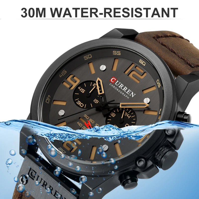 CURREN-men's waterproof genuine leather Quartz Watch