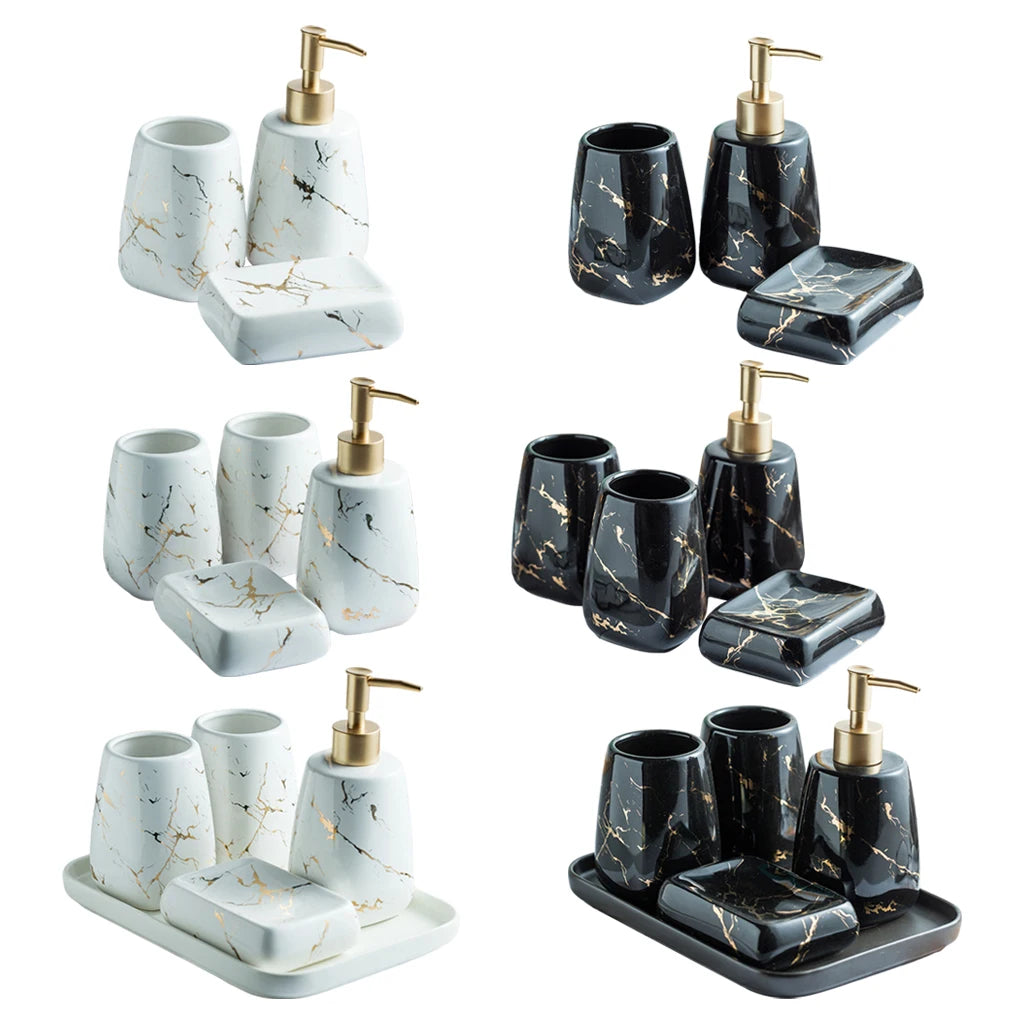 Bath Bathroom Accessory Kit CERAMIC Marble Appearance Lotion Dispenser, Tumblers, Soap Holder