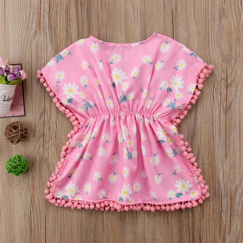 Lioraitiin nova moda crianças bebê meninas vestido de praia vestido de verão manga curta o-pescoço algodão flor franja vestidos capa de biquíni 