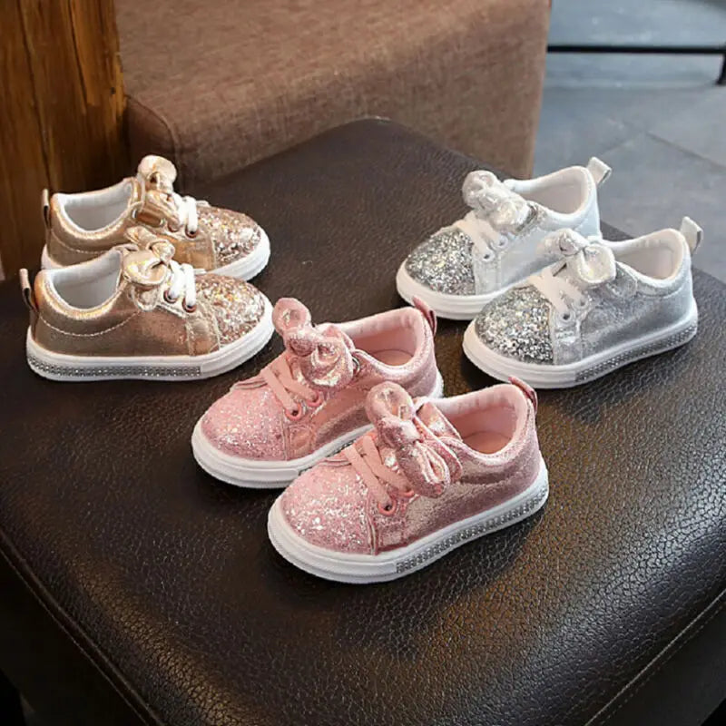 Lioraitiin Girls Child Soft Sole Sports Shoe, Kids Sequins Casual Sneakers, Cute Bowknot Shinny Shoes