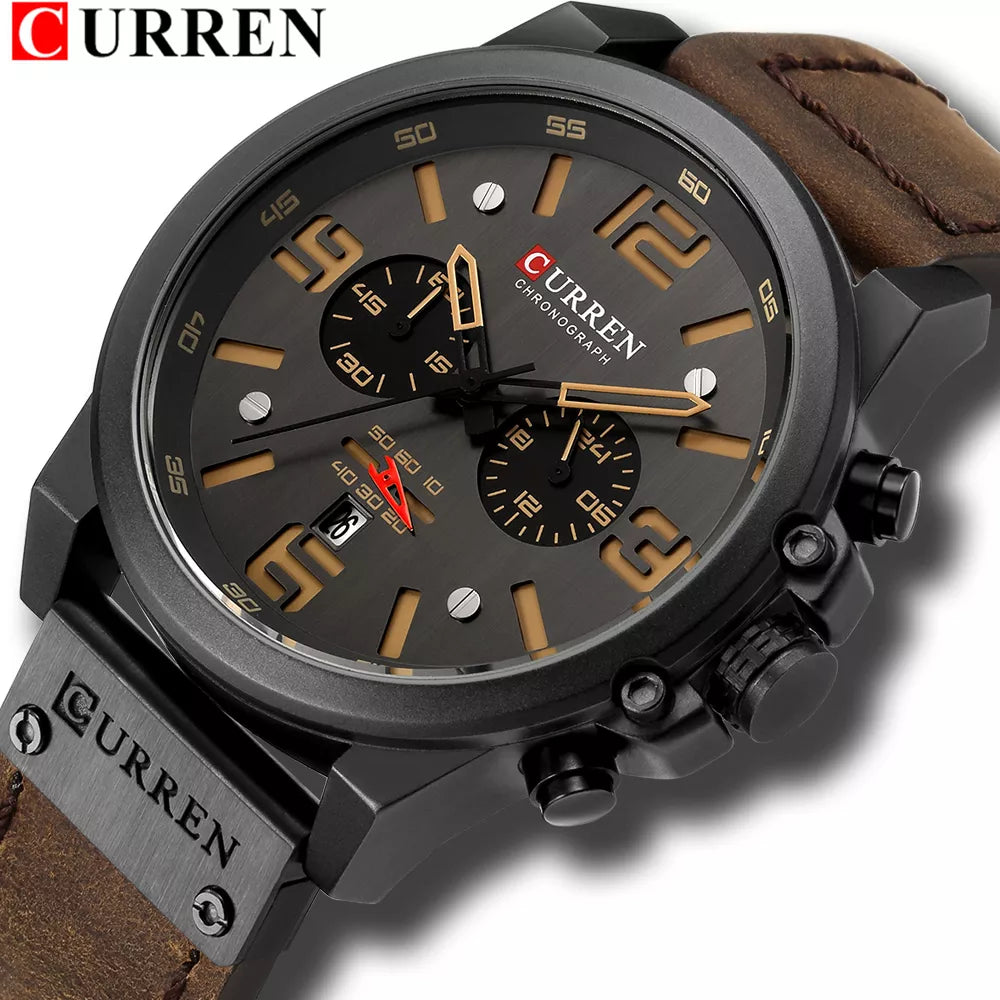 CURREN-men's waterproof genuine leather Quartz Watch