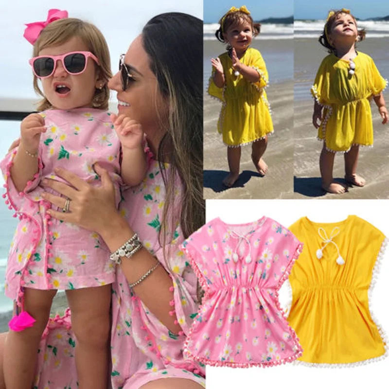 Lioraitiin nova moda crianças bebê meninas vestido de praia vestido de verão manga curta o-pescoço algodão flor franja vestidos capa de biquíni 