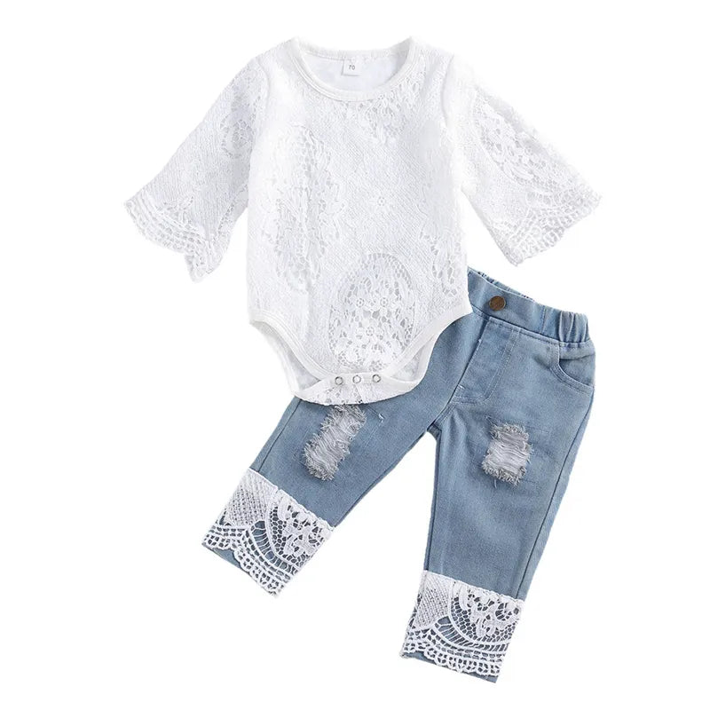 Lioraitiin novo 0-24m bebê meninas roupas de outono manga longa renda macacão terno triângulo virilha renda superior buraco jeans longos 2 pçs outfit 