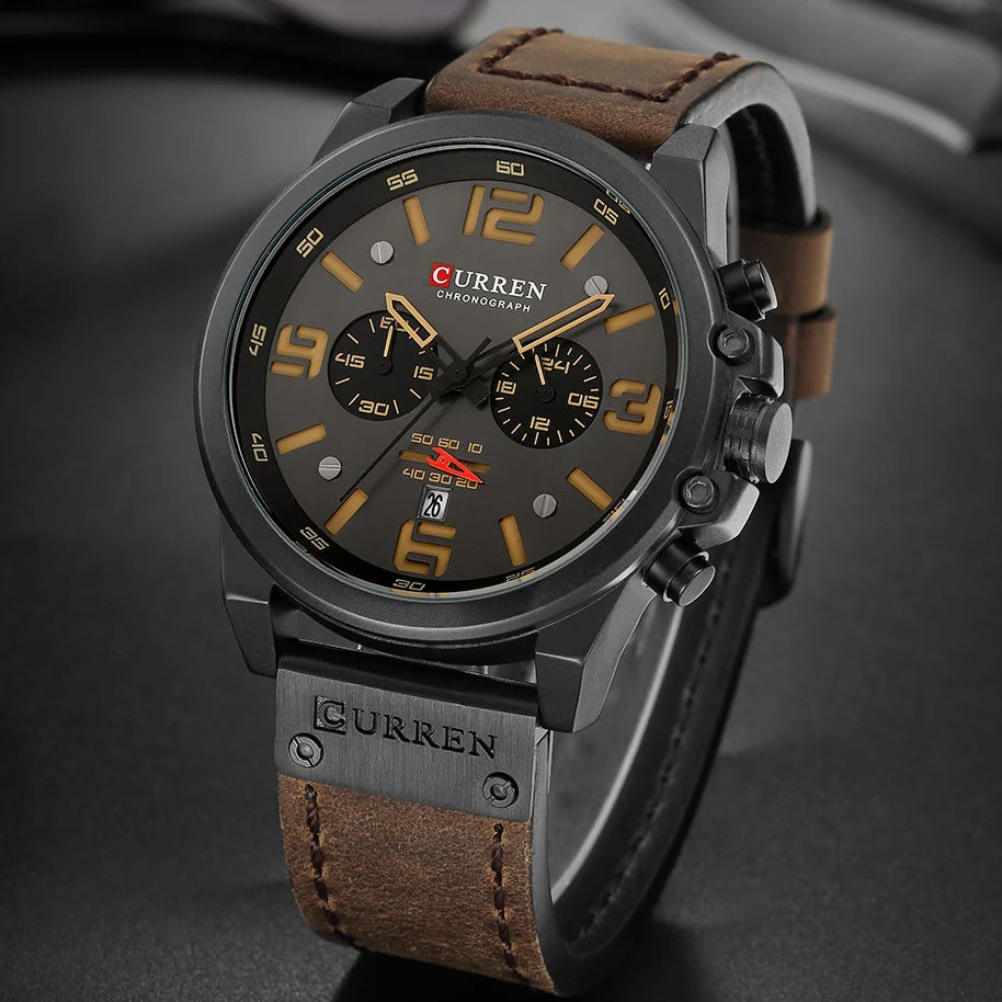 CURREN-men's waterproof genuine leather Quartz Watch