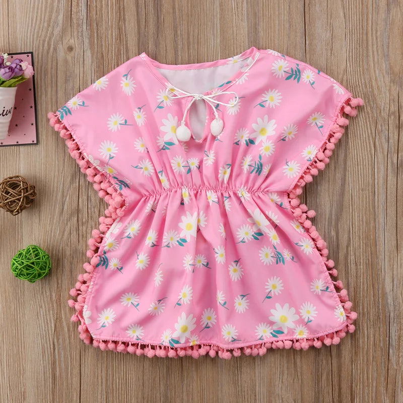 Lioraitiin nova moda crianças bebê meninas vestido de praia vestido de verão manga curta o-pescoço algodão flor franja vestidos capa de biquíni 