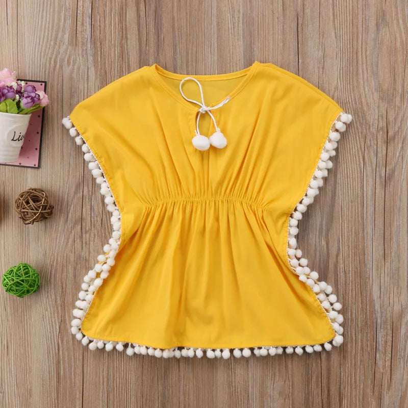 Lioraitiin nova moda crianças bebê meninas vestido de praia vestido de verão manga curta o-pescoço algodão flor franja vestidos capa de biquíni 