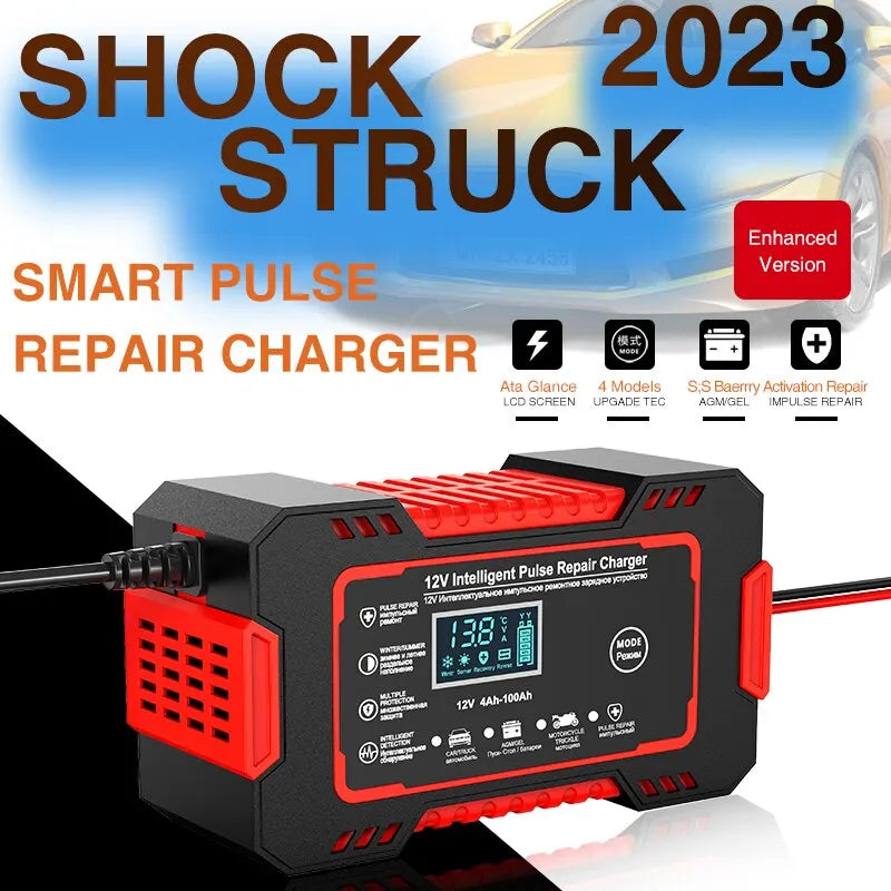 12V, 6A, car, battery, charger, with, LCD, display, pulse, repair, intelligent, fast, charge, AGM, deep, cycle, gel, lead-acid, battery, charger