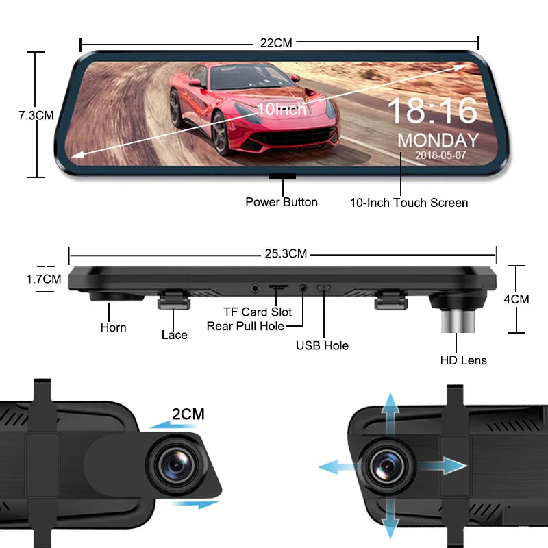 Câmera de espelho retrovisor do carro para carro tula touch screen gravador de vídeo DashCam retrovisor frontal DVR, 