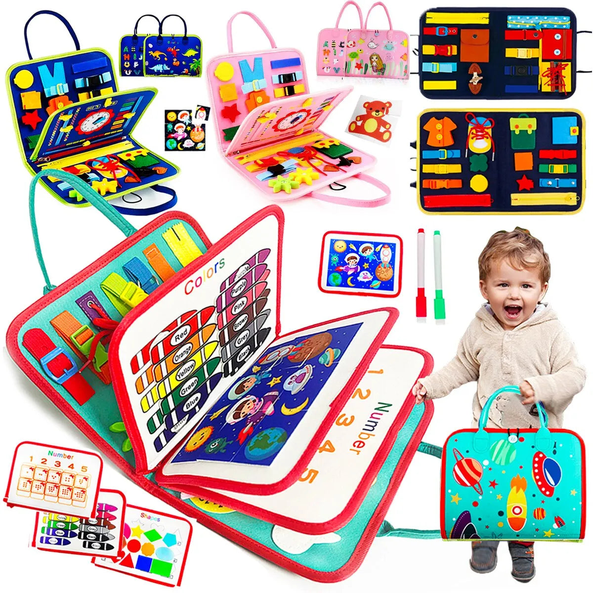 Learning and exploring Montessori activity board for kids, sensory stimulation and fine motor skills development