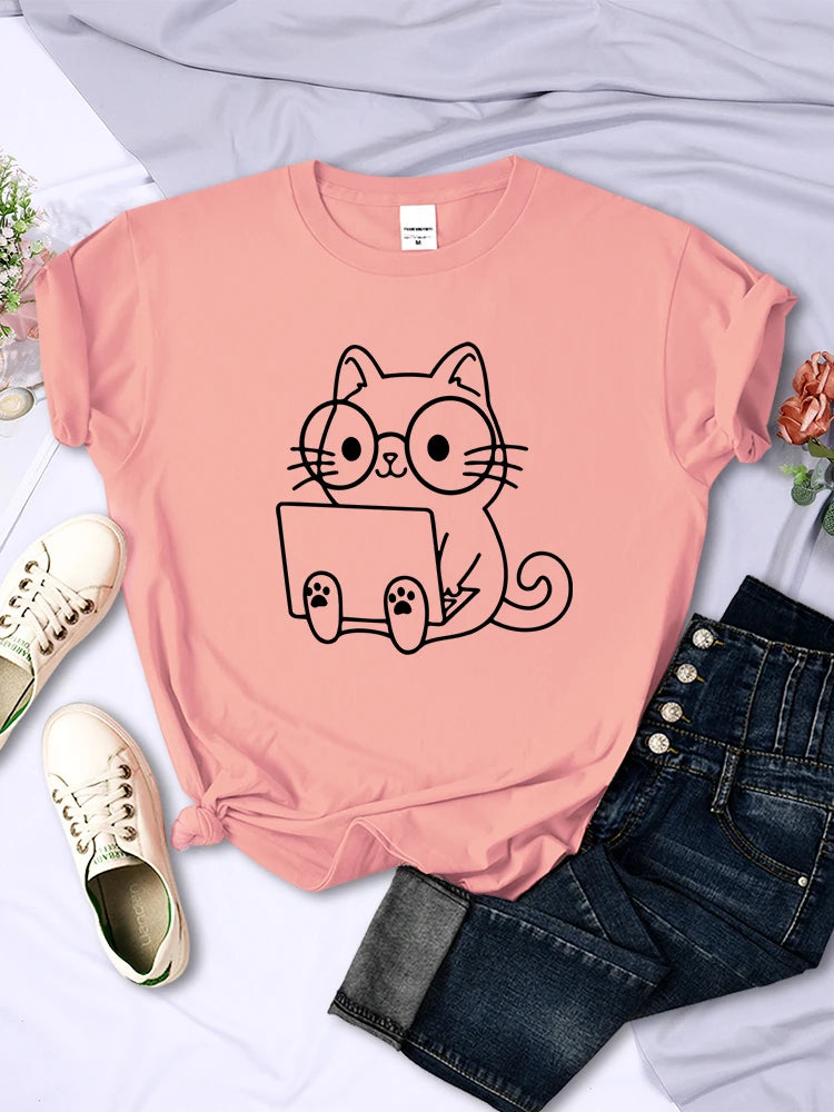 T shirt Women Cat Sketches personality trend casual short sleeve.