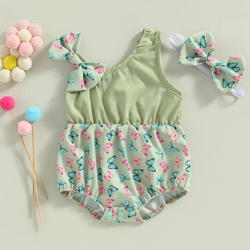 The sleeveless romper with hairband for girls, featuring a bunny and flower print, for babies aged 0 to 18 months