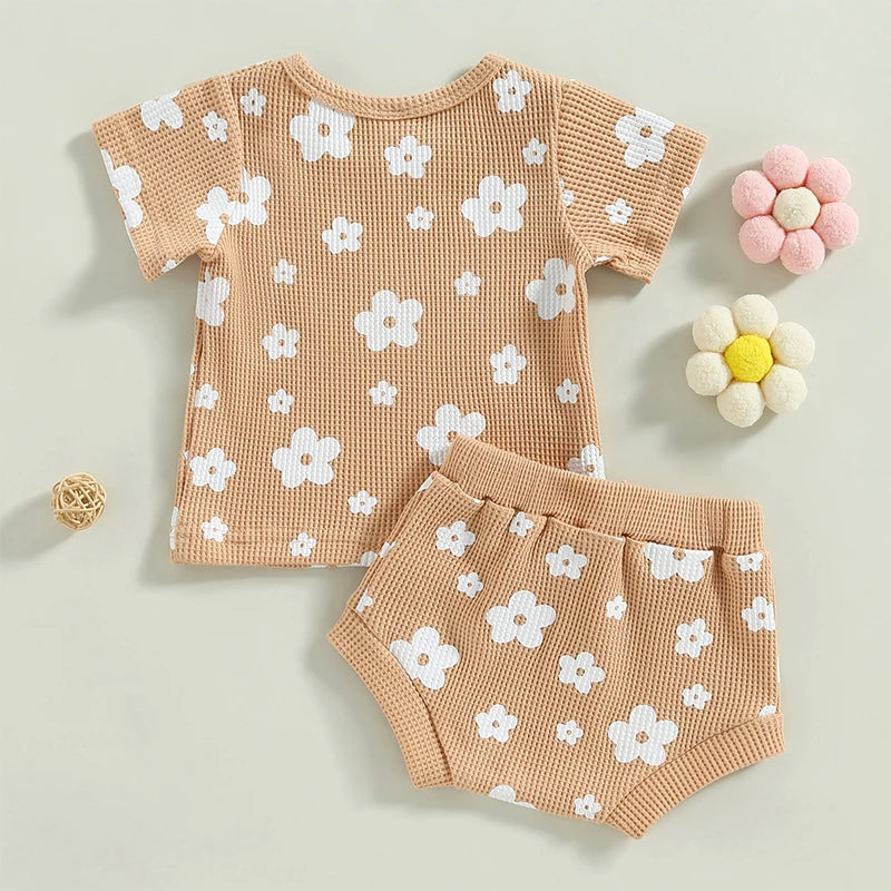 FloralTwirl Outfit 0-18M Infantil Bebê Menina 2 Peças Roupas de Verão Manga Curta Waffle Malha Floral Camiseta Shorts Conjunto