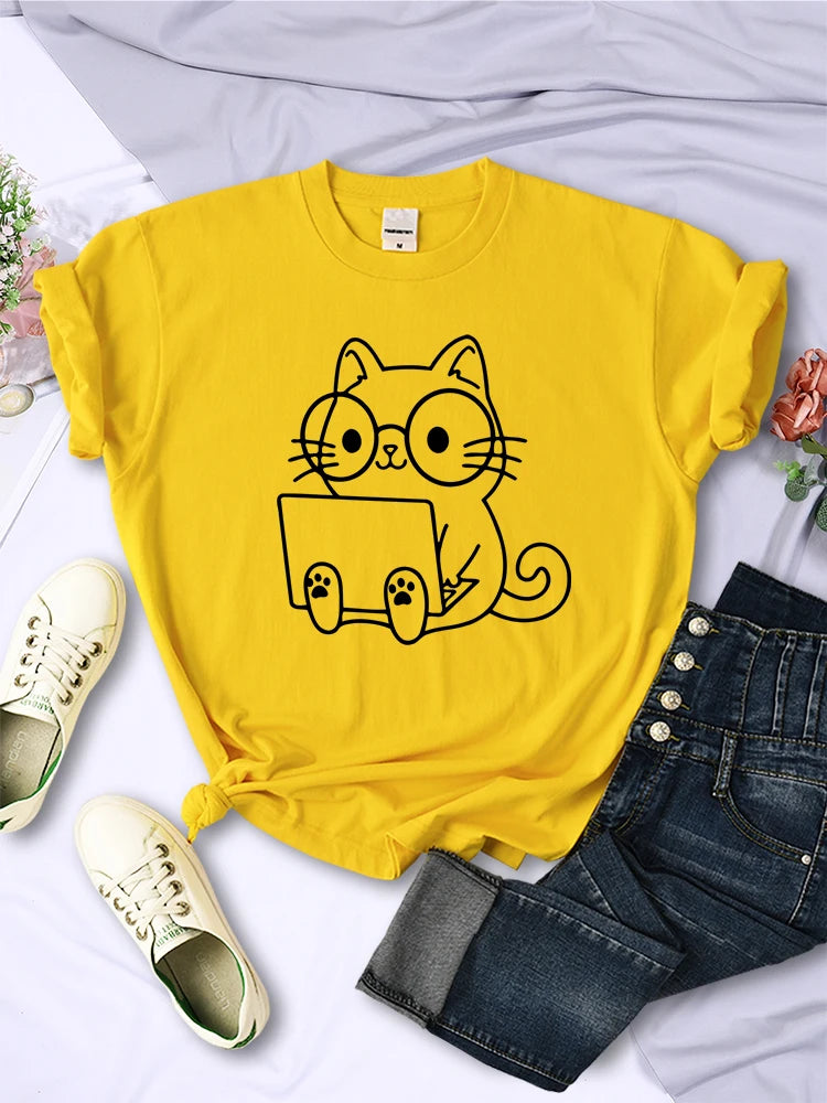 T shirt Women Cat Sketches personality trend casual short sleeve.