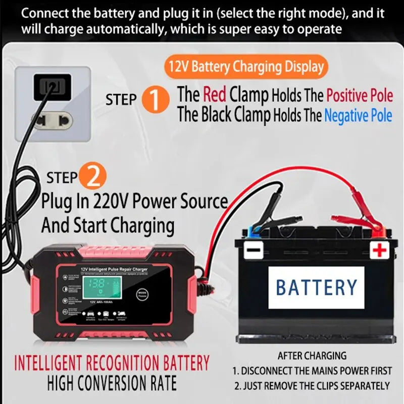 12V, 6A, car, battery, charger, with, LCD, display, pulse, repair, intelligent, fast, charge, AGM, deep, cycle, gel, lead-acid, battery, charger