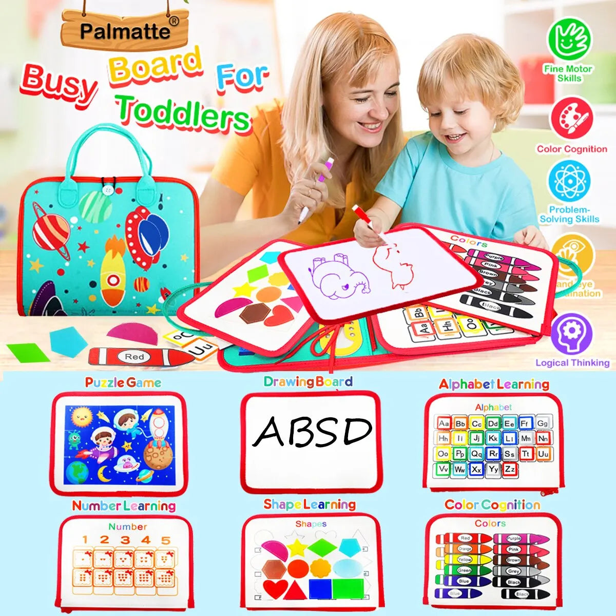 Learning and exploring Montessori activity board for kids, sensory stimulation and fine motor skills development