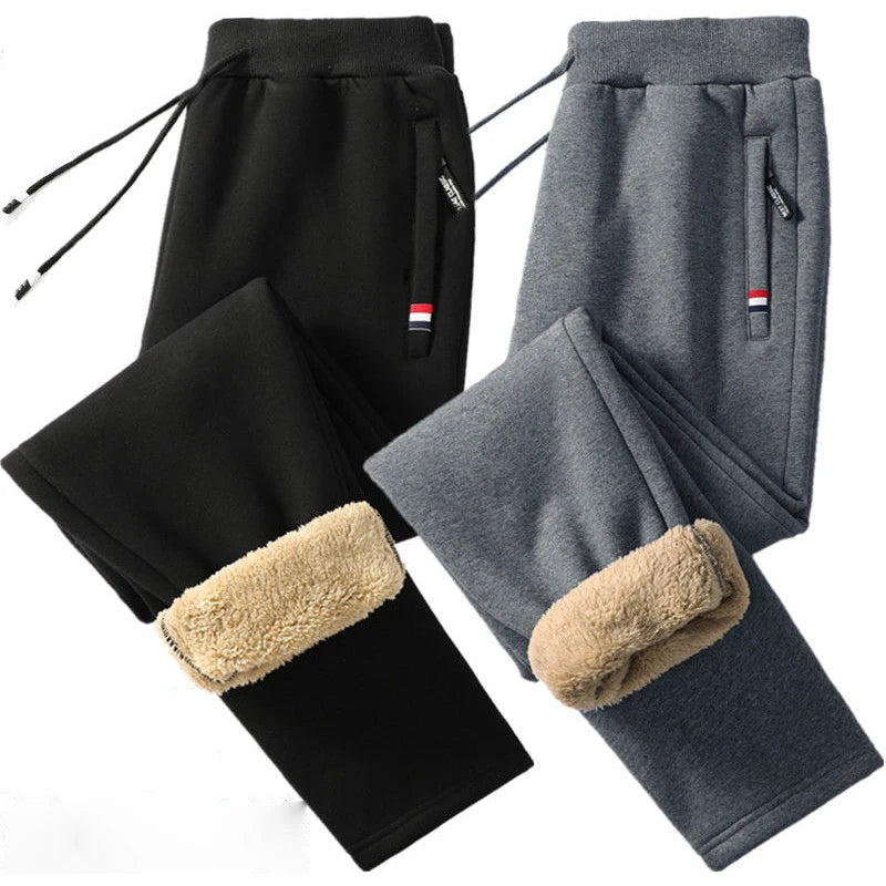 Calça casual de inverno com lã de cordeiro: quentinha e confortável para homem, ideal para trilhas e montanhas com cordão e tecido Fleece, modelagem reta, tamanhos M-5XL 