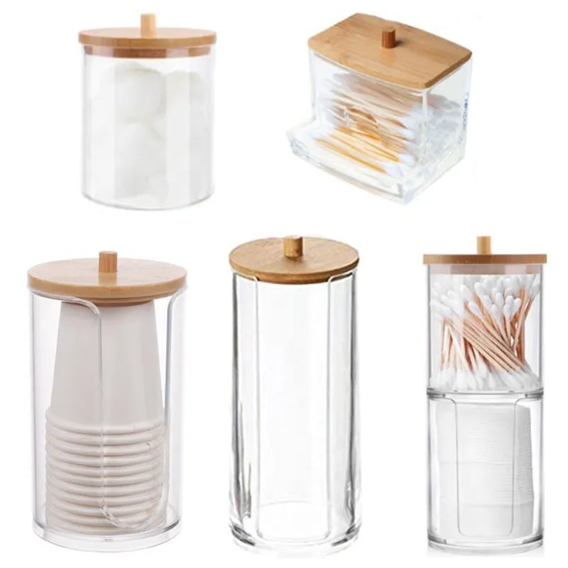 Acrylic storage box for cotton swab, bathroom jar, makeup organizer, round cotton Pad Holder, Dispenser with bamboo lid