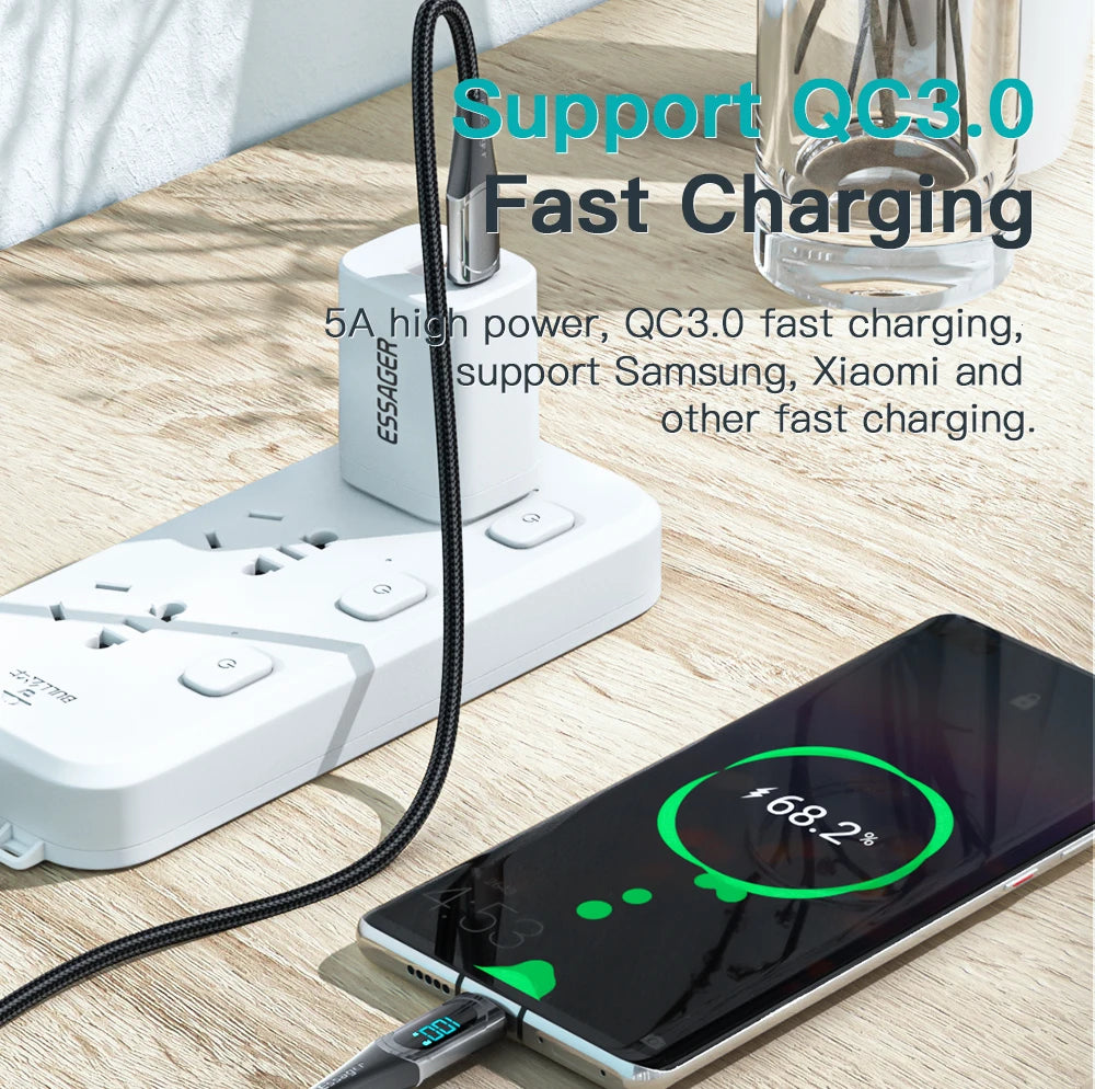 100W/5A USB Cable for fast charging, compatible with MacBook, Xiaomi, Samsung, and other devices with a Type-C connector,