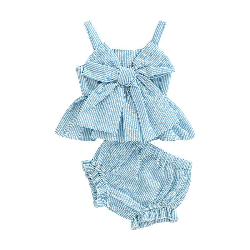 0-18M Newborn Baby Girl 2Pcs Sweet Clothing Set Striped Print Big Bow Embellished Vest Dress Top Shorts