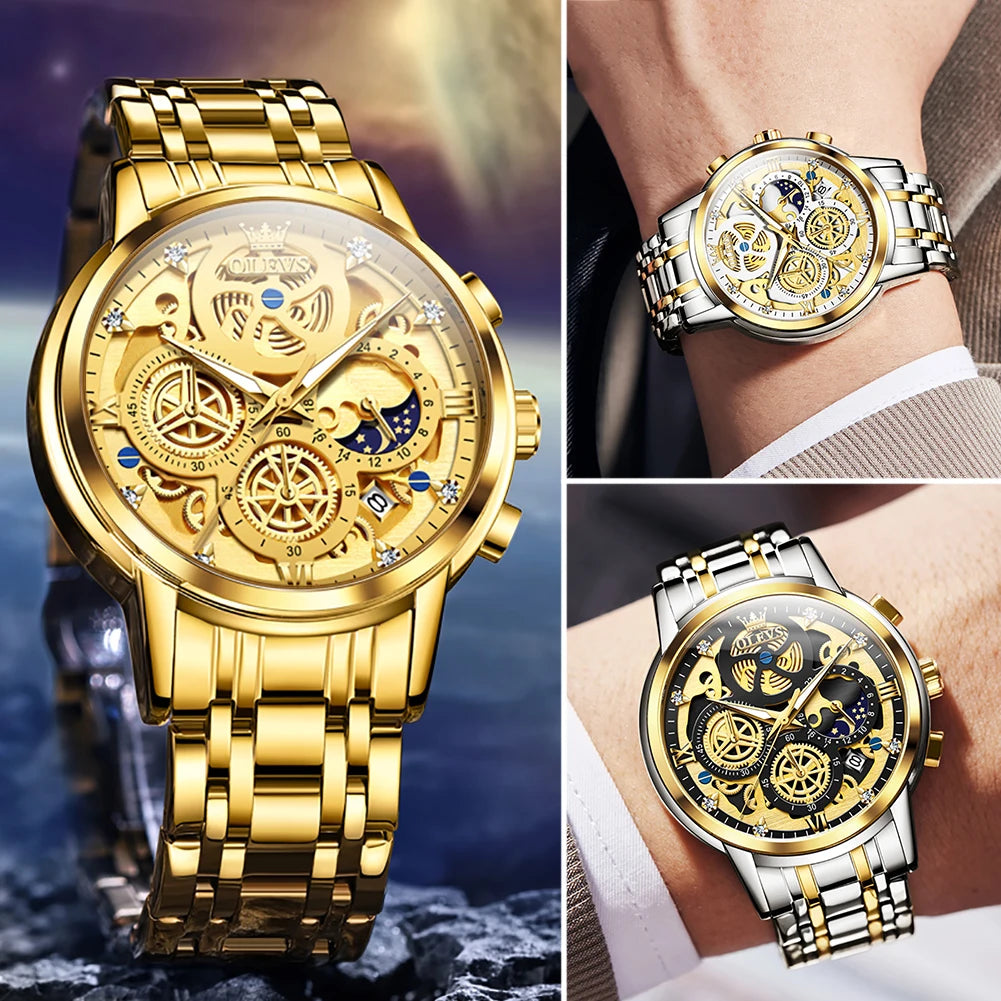 OLEVS Men's Waterproof Quartz Watch, an original luxury gold watch with a skeleton style