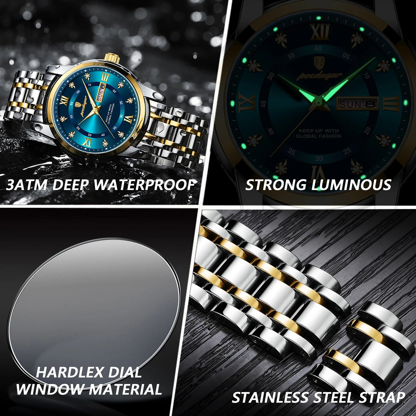 POEDAGAR , top, brand, luxury, waterproof, Stainless, Steel, Watch, For, Men, stylish, Quartz, sports, watches, Date, Week, luminous, wristwatch