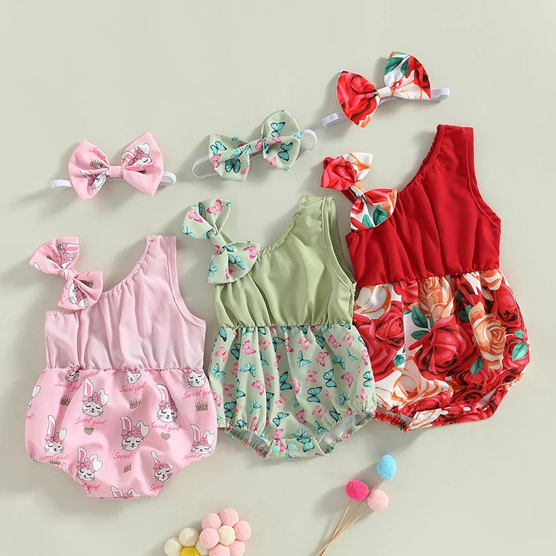 The sleeveless romper with hairband for girls, featuring a bunny and flower print, for babies aged 0 to 18 months