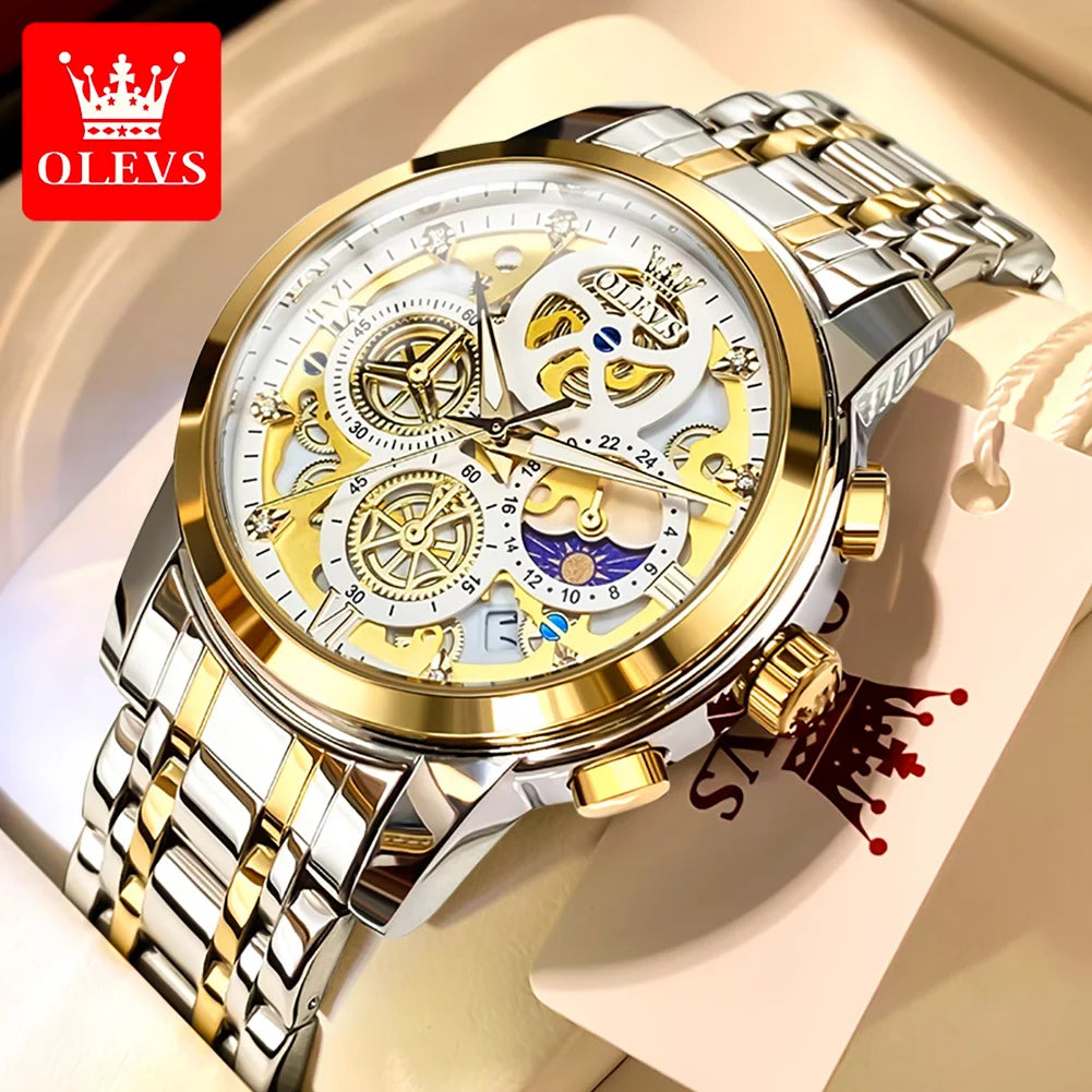 OLEVS Men's Waterproof Quartz Watch, an original luxury gold watch with a skeleton style