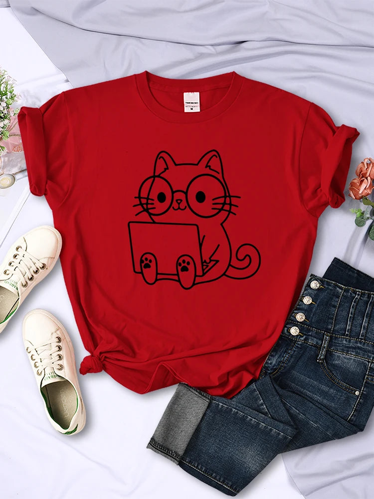 T shirt Women Cat Sketches personality trend casual short sleeve.