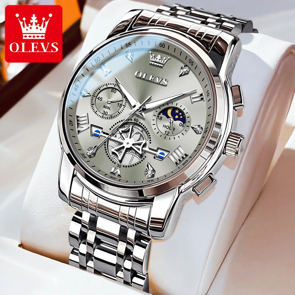 OLEVS Classic Men’s Waterproof Quartz Wristwatch, a multifunctional timepiece featuring a chronograph, flywheel, and moon phas