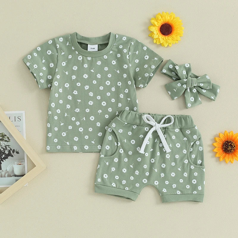 Lioraitiin Toddler Baby Girls Clothes Sets Floral Print Short Sleeve T-shirts with Shorts and Hairband Summer Outfit