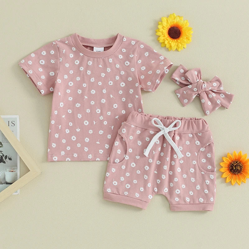 Lioraitiin Toddler Baby Girls Clothes Sets Floral Print Short Sleeve T-shirts with Shorts and Hairband Summer Outfit