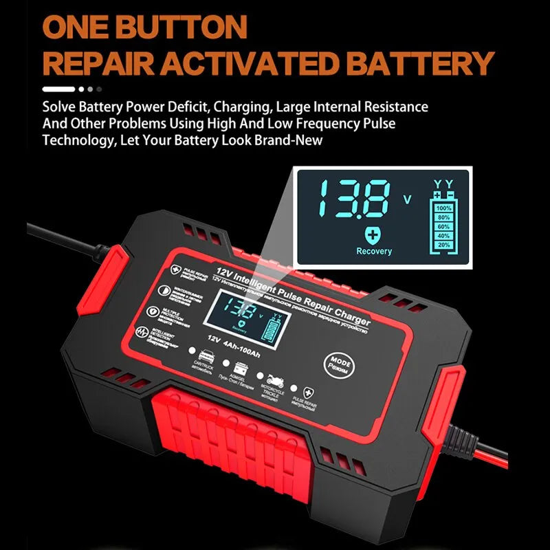 12V, 6A, car, battery, charger, with, LCD, display, pulse, repair, intelligent, fast, charge, AGM, deep, cycle, gel, lead-acid, battery, charger