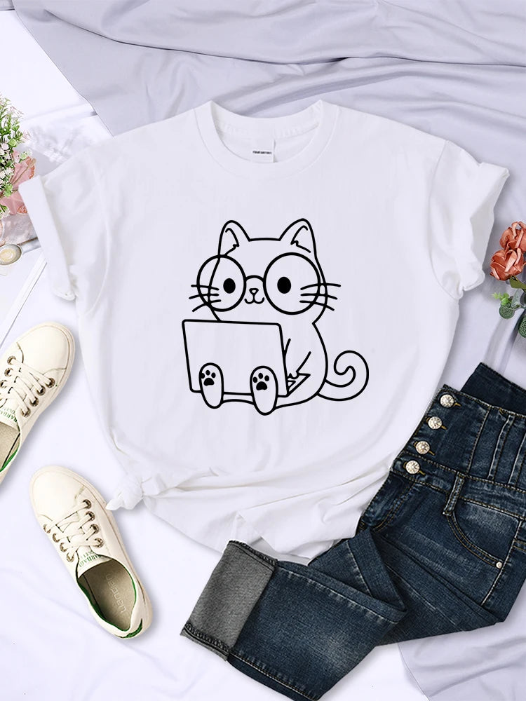 T shirt Women Cat Sketches personality trend casual short sleeve.