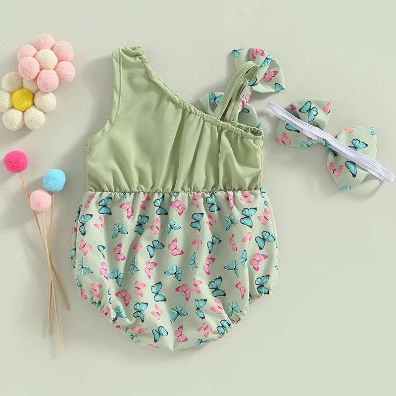 The sleeveless romper with hairband for girls, featuring a bunny and flower print, for babies aged 0 to 18 months