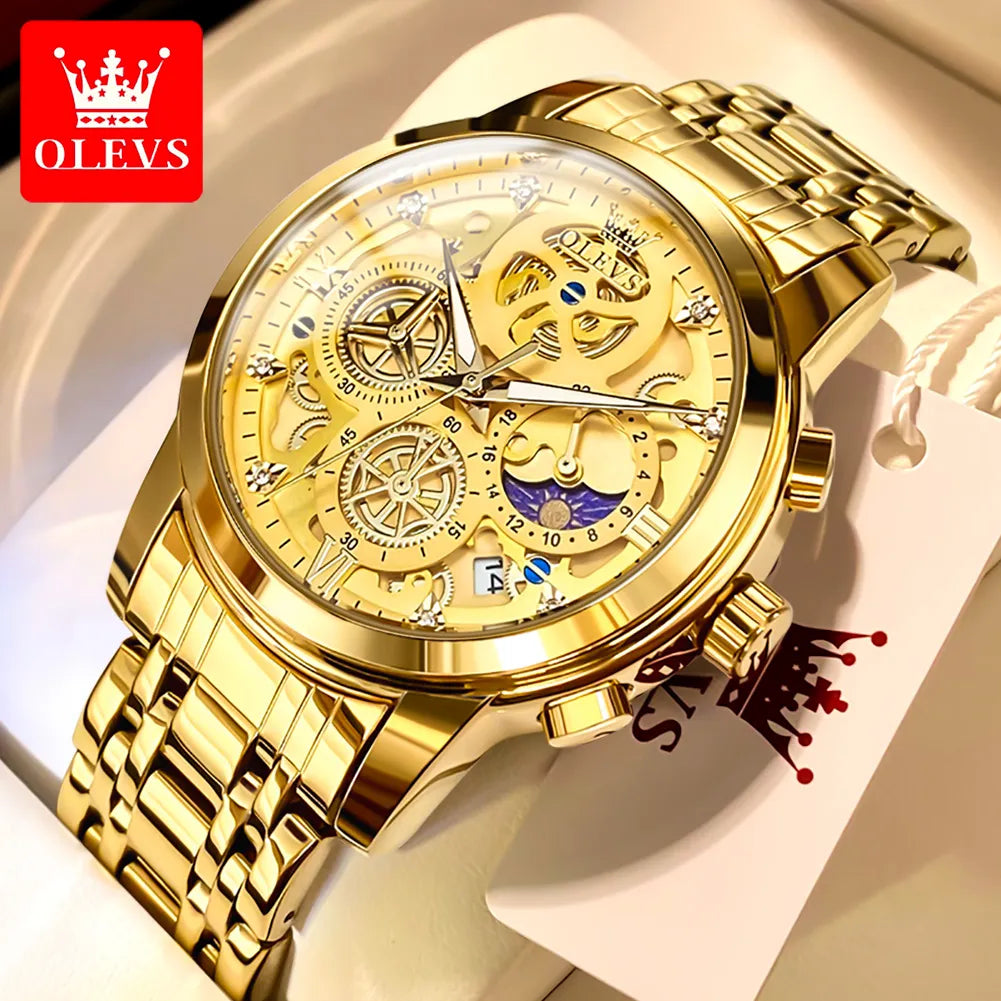 OLEVS Men's Waterproof Quartz Watch, an original luxury gold watch with a skeleton style