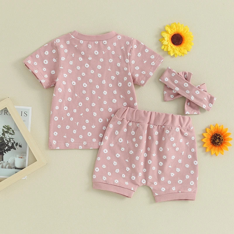 Lioraitiin Toddler Baby Girls Clothes Sets Floral Print Short Sleeve T-shirts with Shorts and Hairband Summer Outfit