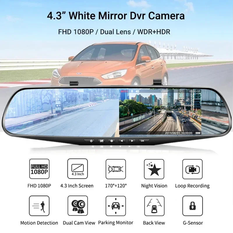 Dual Lens Driving Recorder for Cars - Mirror Dash Cam with IPS Front and Rear Cameras