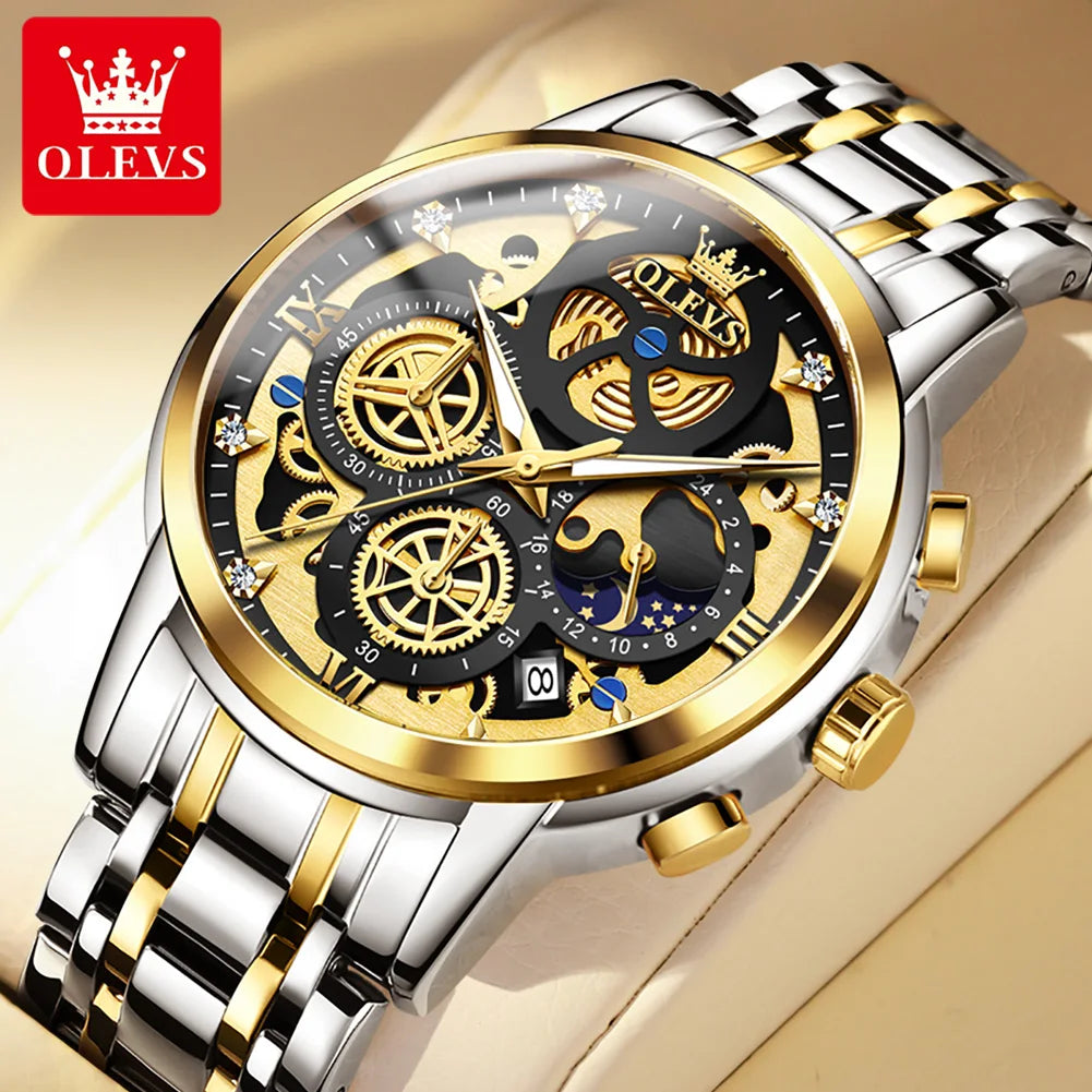 OLEVS Men's Waterproof Quartz Watch, an original luxury gold watch with a skeleton style