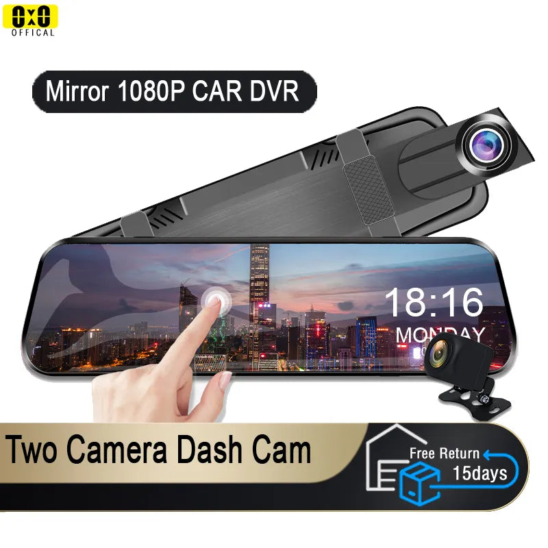 Câmera de espelho retrovisor do carro para carro tula touch screen gravador de vídeo DashCam retrovisor frontal DVR, 