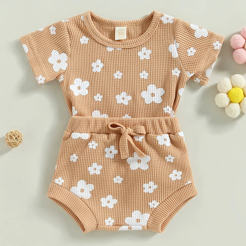 FloralTwirl Outfit 0-18M Infant Baby Girl 2Pcs Summer Outfits Short Sleeve Waffle Knit Floral T-shirt Shorts Set