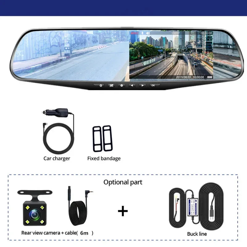 Dual Lens Driving Recorder for Cars - Mirror Dash Cam with IPS Front and Rear Cameras